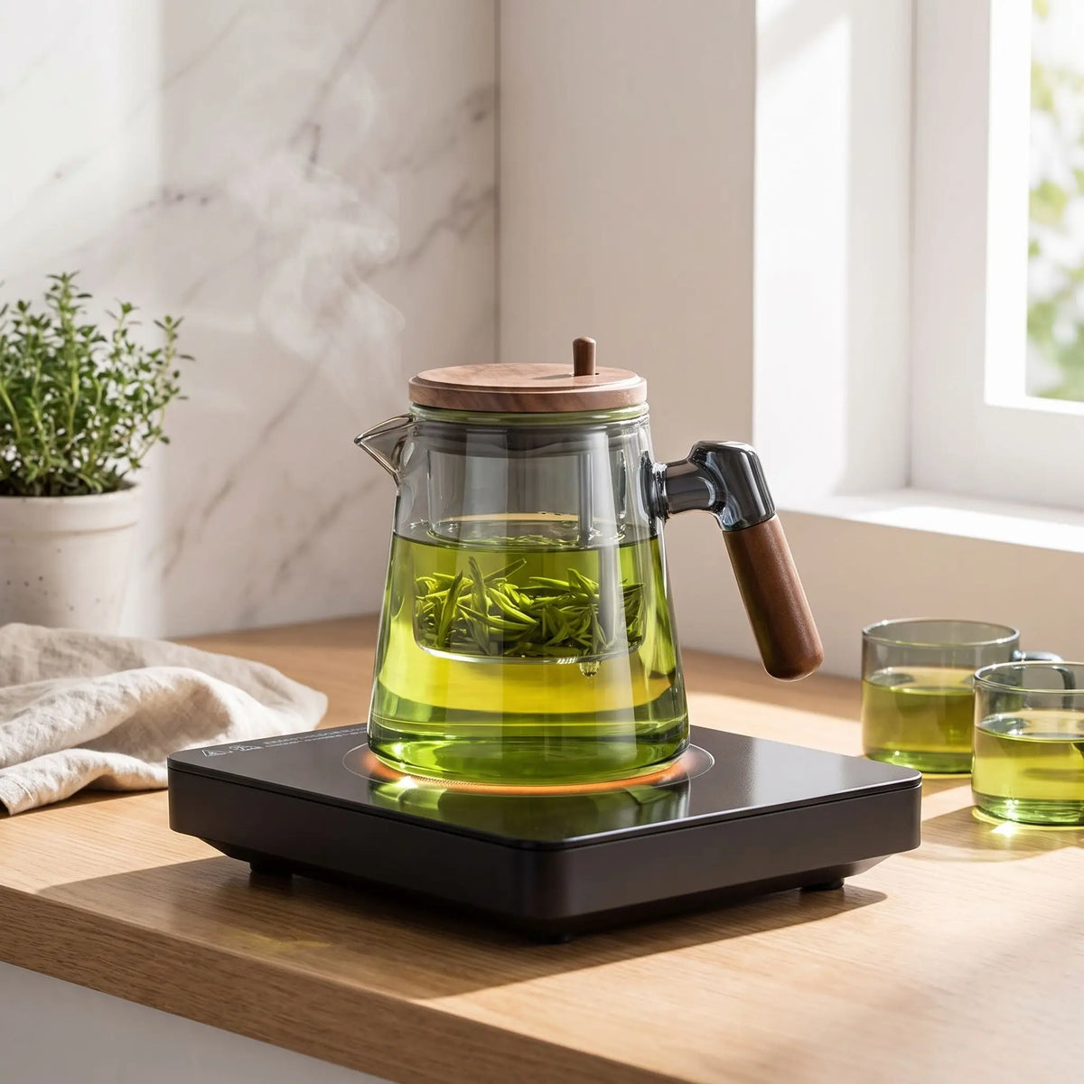théière en verre et bois sur plaque chauffante en cuisine tasse thé à coté