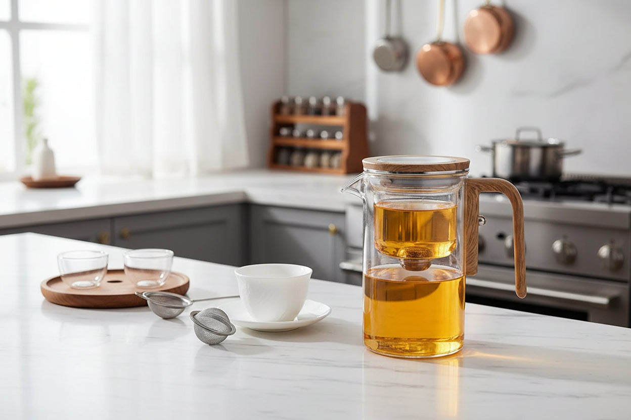 theiere en verre remplit de the sur table cuisine