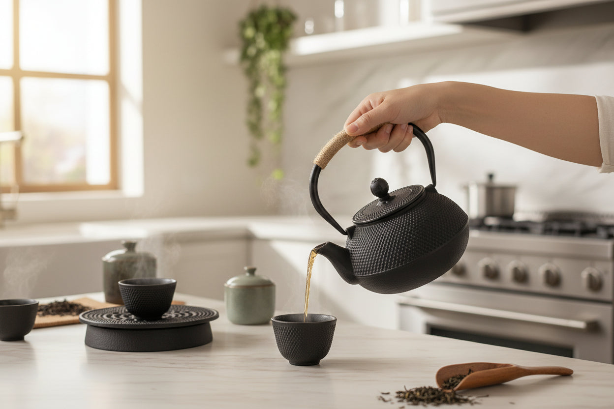 theiere fonte en cuisine utilise par personne servant the