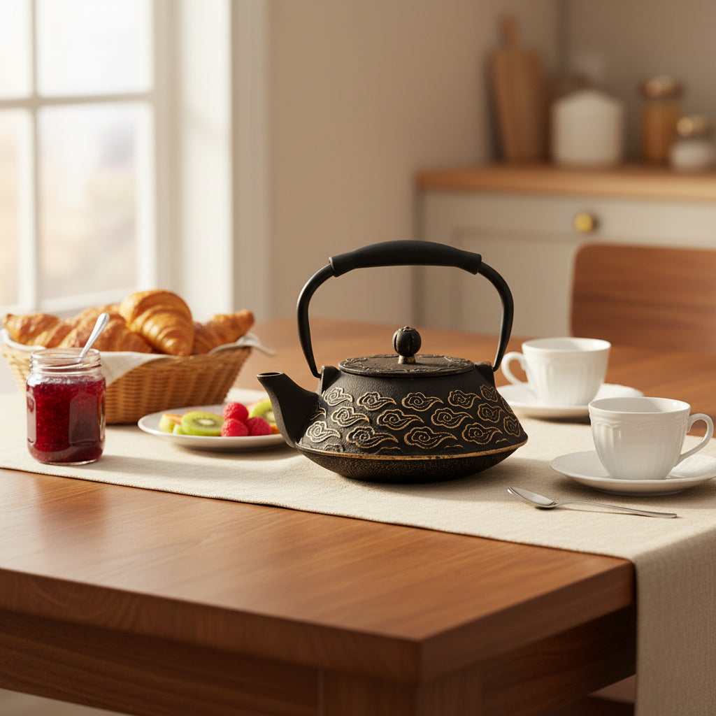 theiere fonte japonaise au petit dejeuner fruit croissant