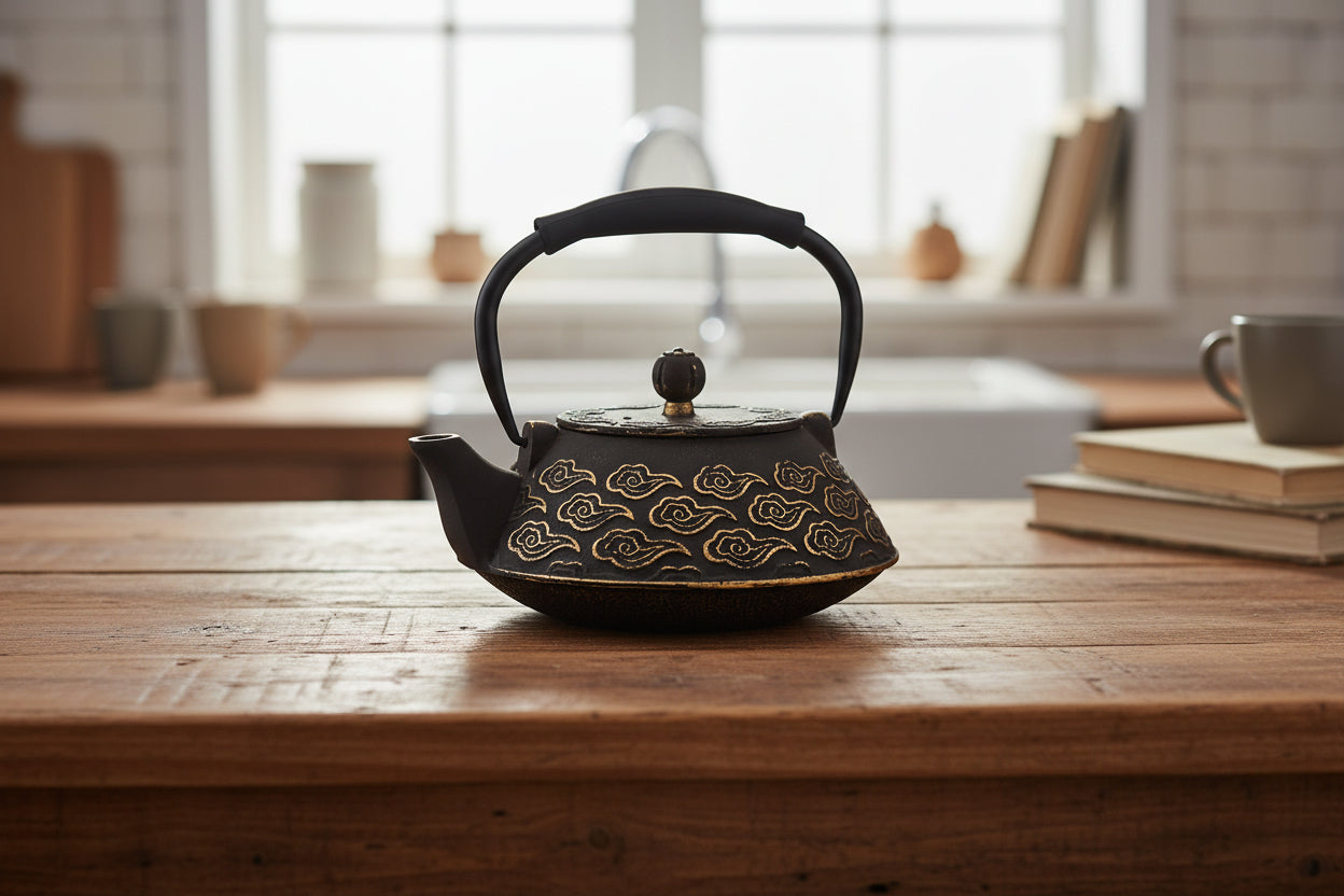 theiere fonte japonaise sur table bois marron cuisine