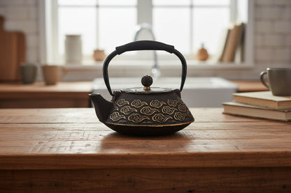 theiere fonte japonaise sur table bois marron cuisine