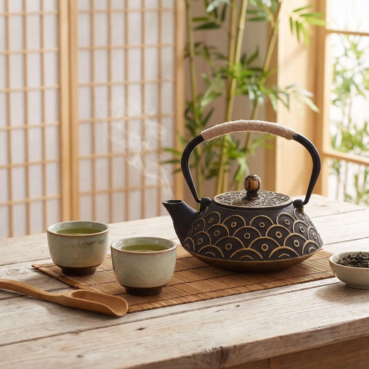 theiere fonte japonaise sur table tasse thé cuillière bol thé vert en décor