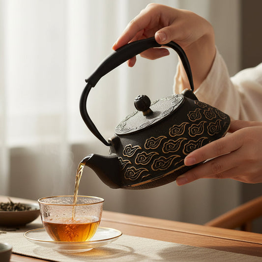 theiere fonte japonaise tenue par une personne servant du the
