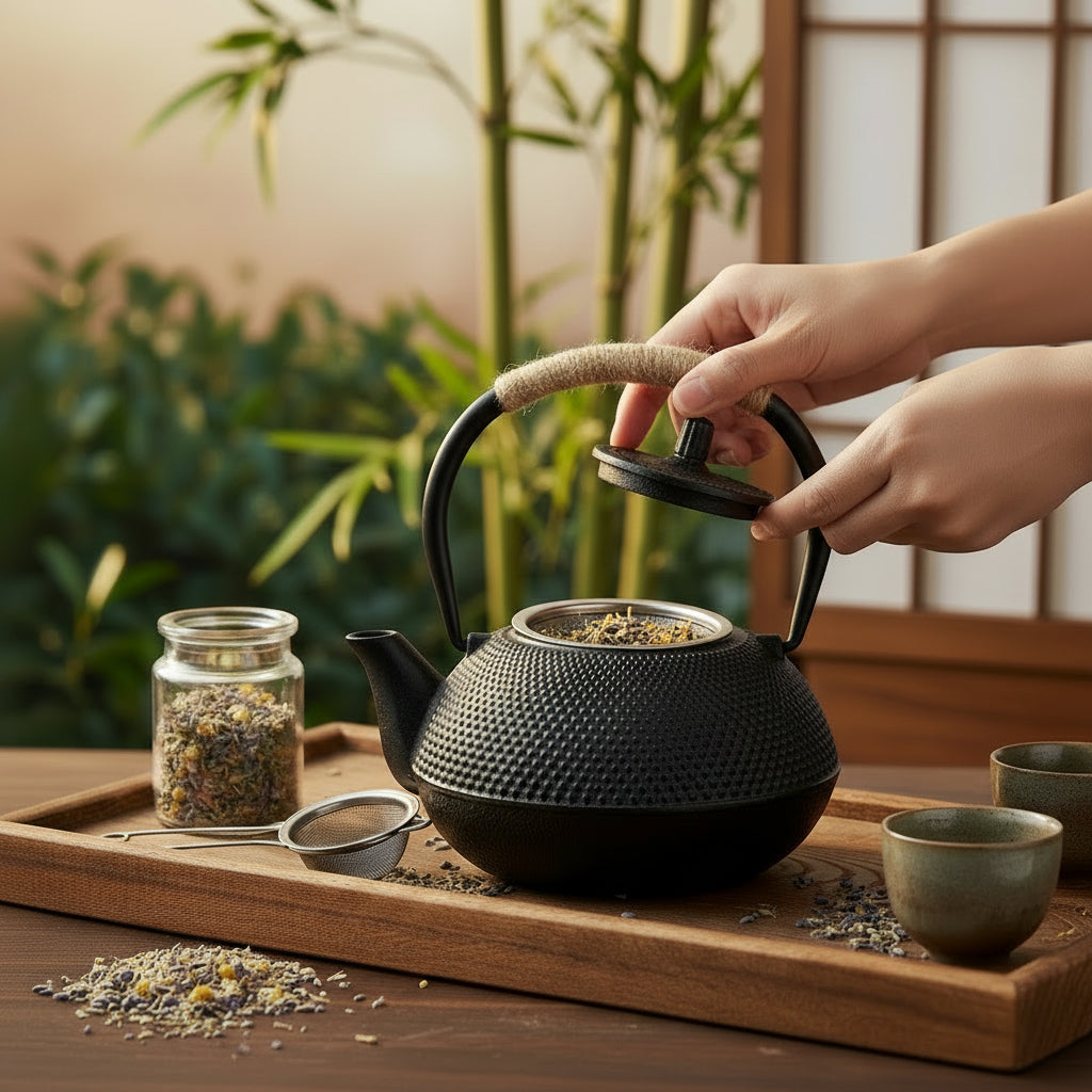 theiere fonte sur plateau bois en preparation pour tisane