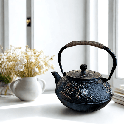 theiere japonais sur table avec pot de fleur blanc