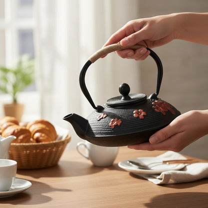 theiere japonaise en fonte tenue par femme au petit dejeuner