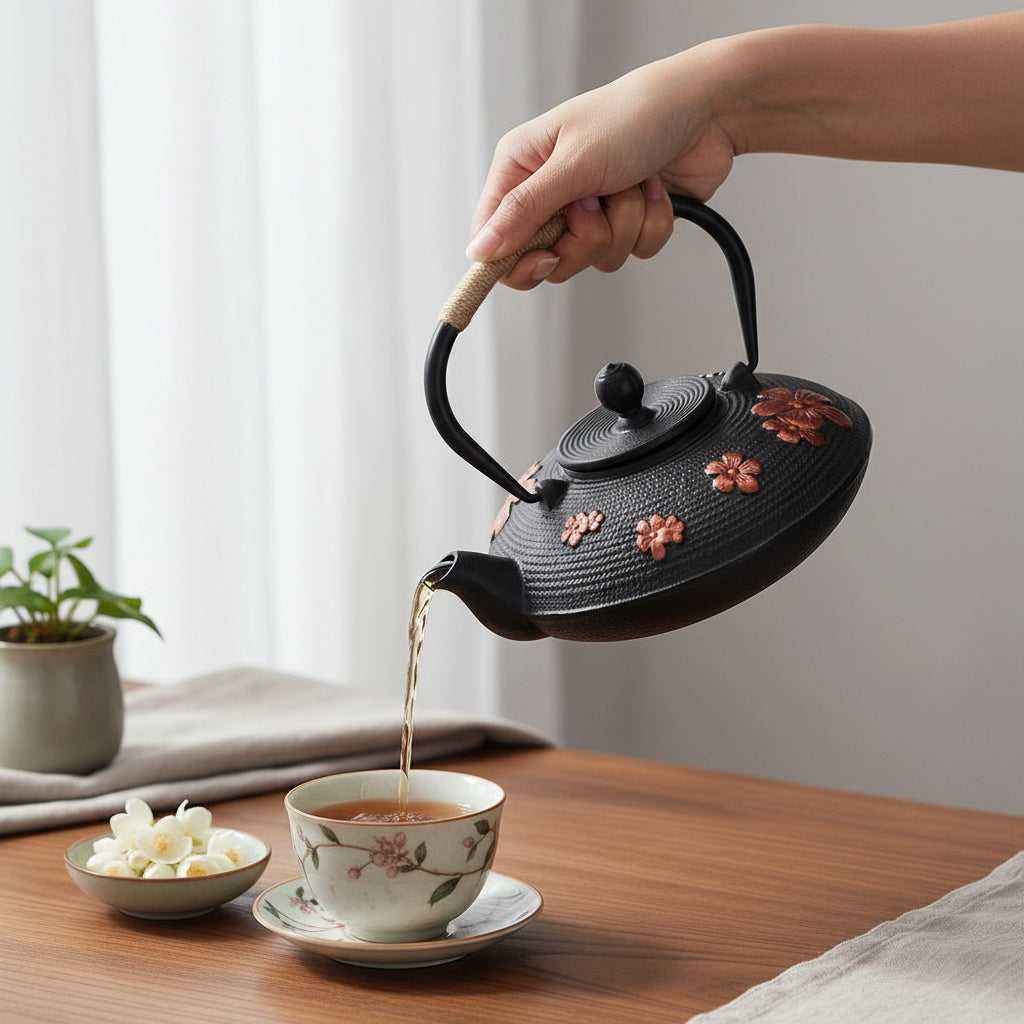 theiere japonaise en fonte tenue par femme servant the dans tasse en fleuri