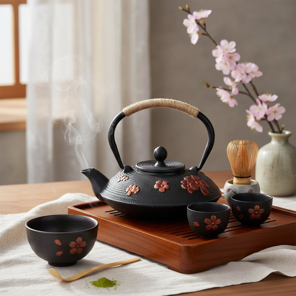 theiere japonaise fonte sur plateau bois tasse fouet vase fleur a cote