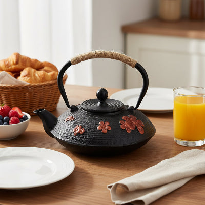 theiere japonaise fonte sur table bois petit djeuner a cote