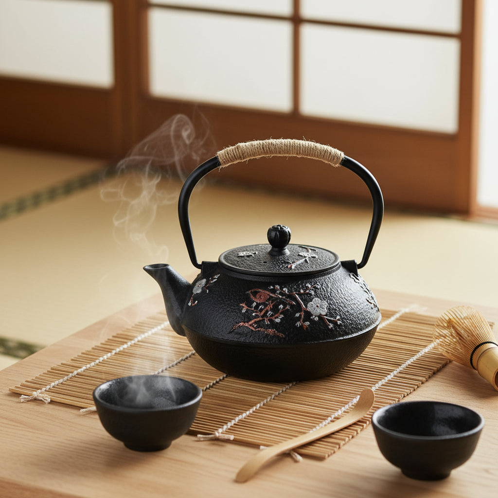 theiere japonaise sur petite natte tasse the cuillere fouet en traditionnel